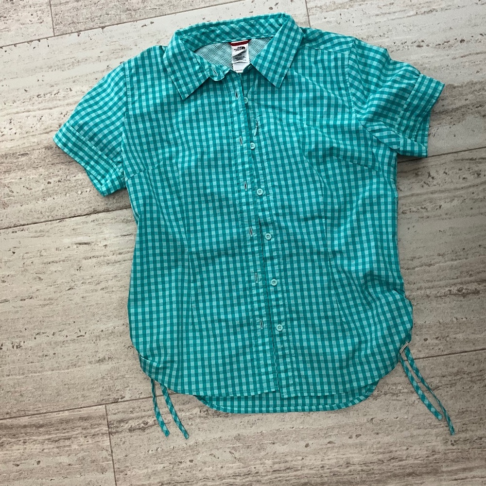 The North Face womens Vapor Wick L/G turquoise checked shirt top